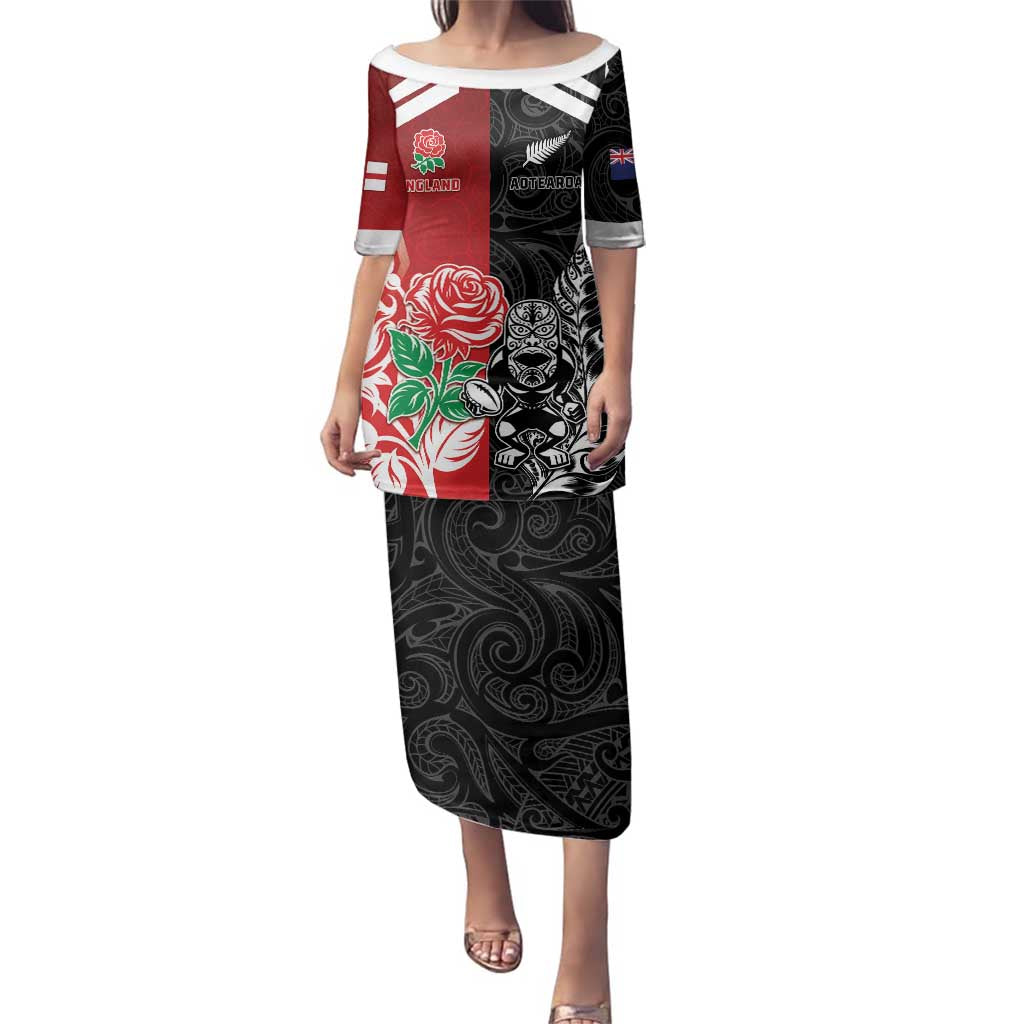 New Zealand And England Rugby Custom Family Matching Puletasi and Hawaiian Shirt Maori Tiki With Red Rose Together