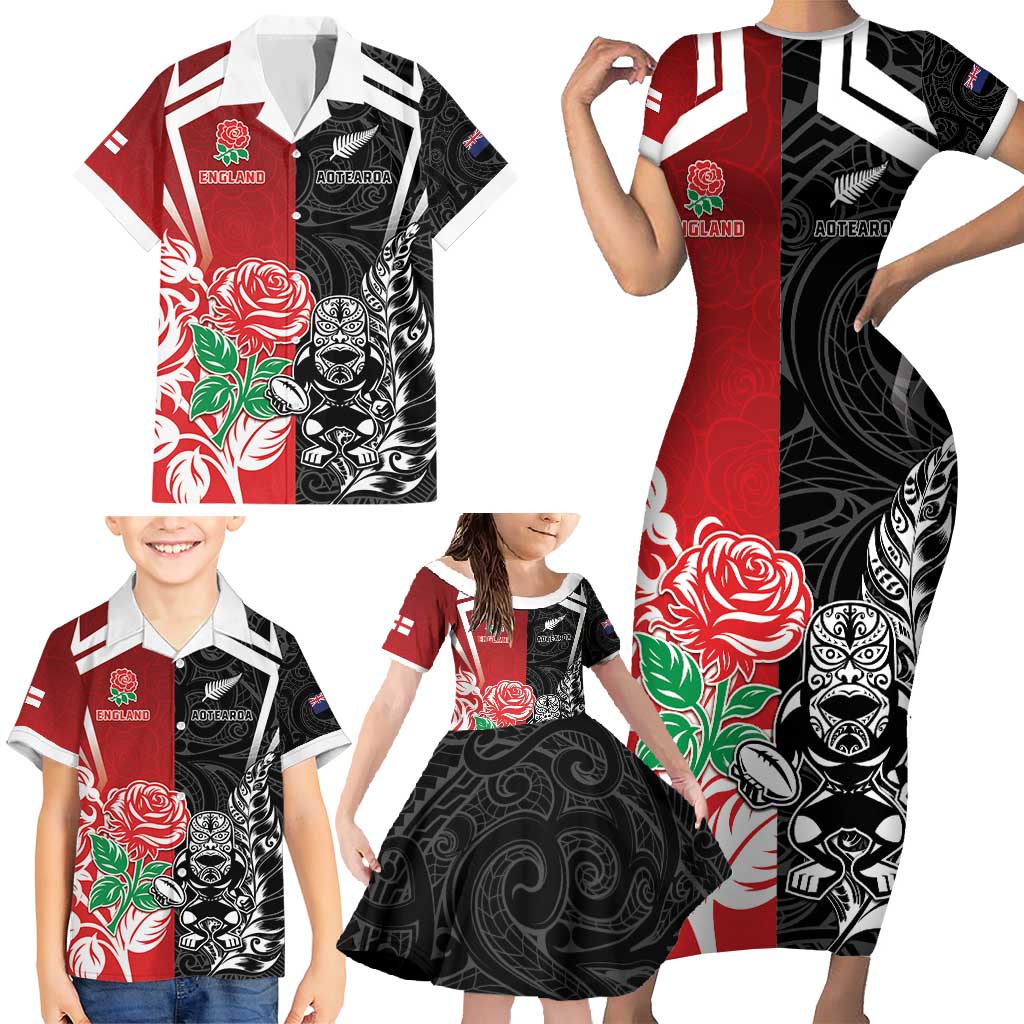 New Zealand And England Rugby Custom Family Matching Short Sleeve Bodycon Dress and Hawaiian Shirt Maori Tiki With Red Rose Together