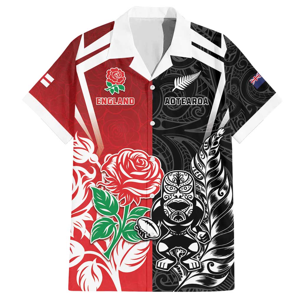 New Zealand And England Rugby Custom Family Matching Short Sleeve Bodycon Dress and Hawaiian Shirt Maori Tiki With Red Rose Together
