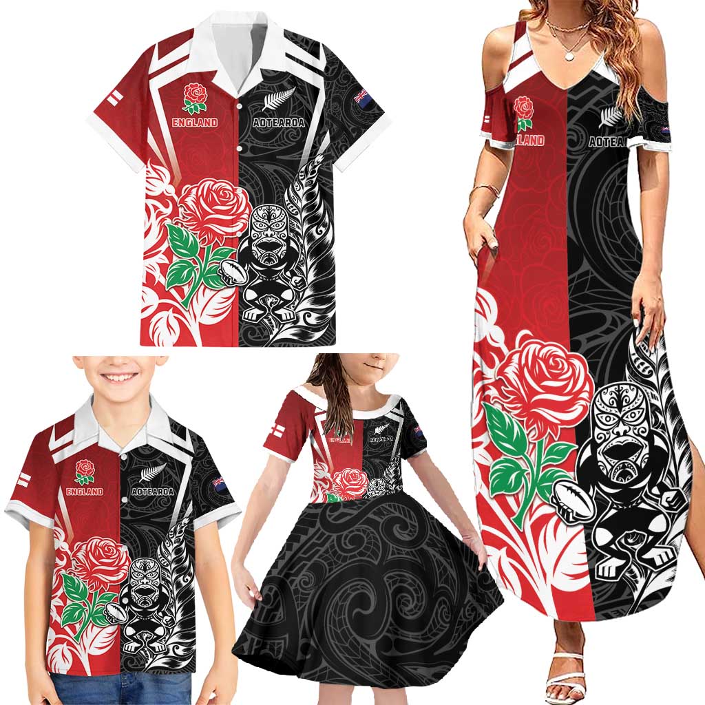 New Zealand And England Rugby Custom Family Matching Summer Maxi Dress and Hawaiian Shirt Maori Tiki With Red Rose Together