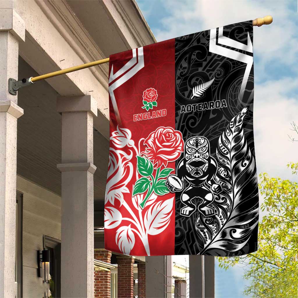New Zealand And England Rugby Garden Flag Maori Tiki With Red Rose Together