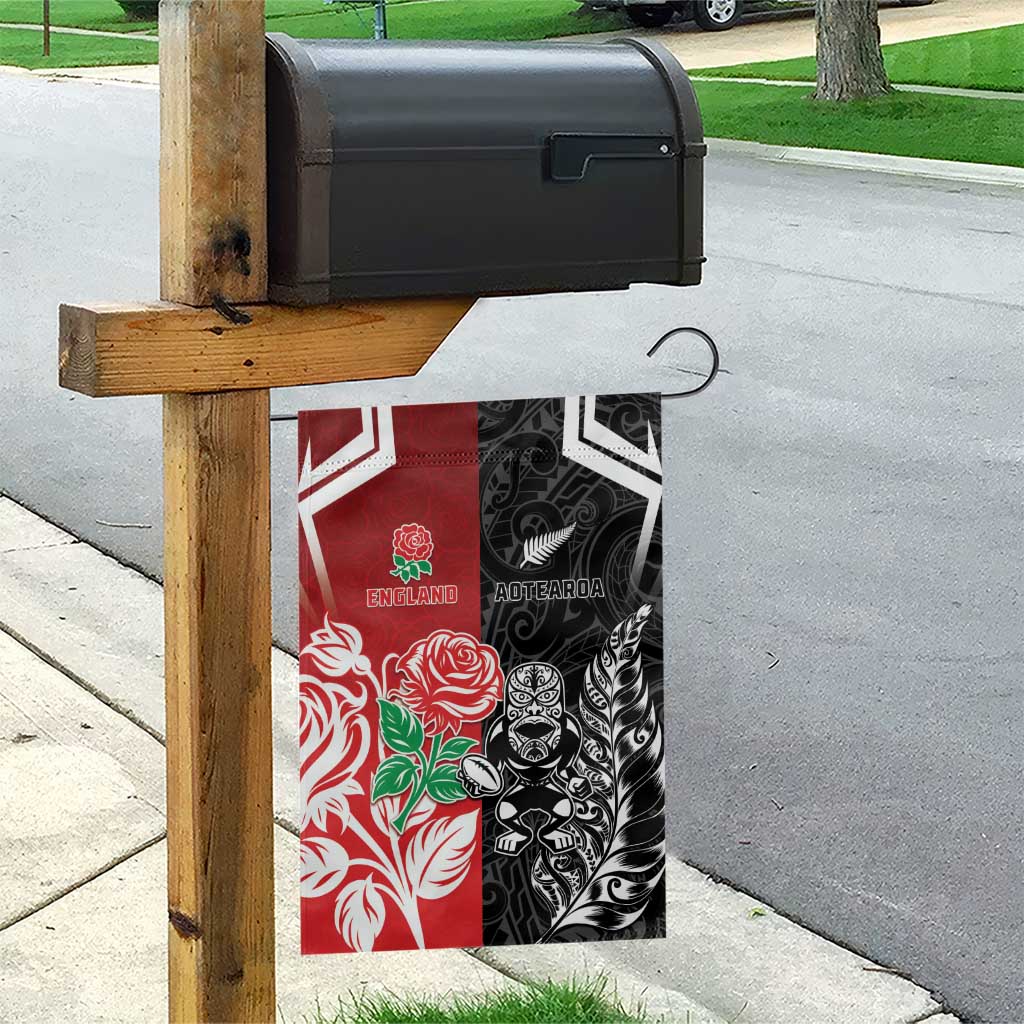 New Zealand And England Rugby Garden Flag Maori Tiki With Red Rose Together