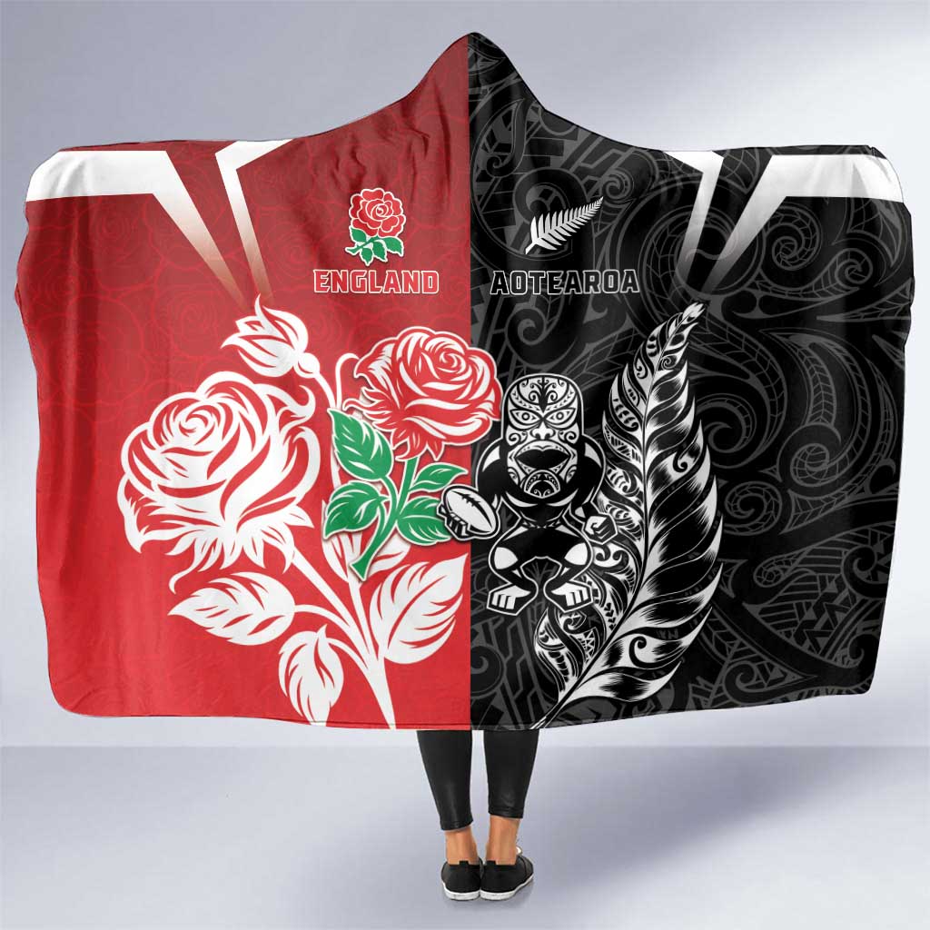 New Zealand And England Rugby Hooded Blanket Maori Tiki With Red Rose Together
