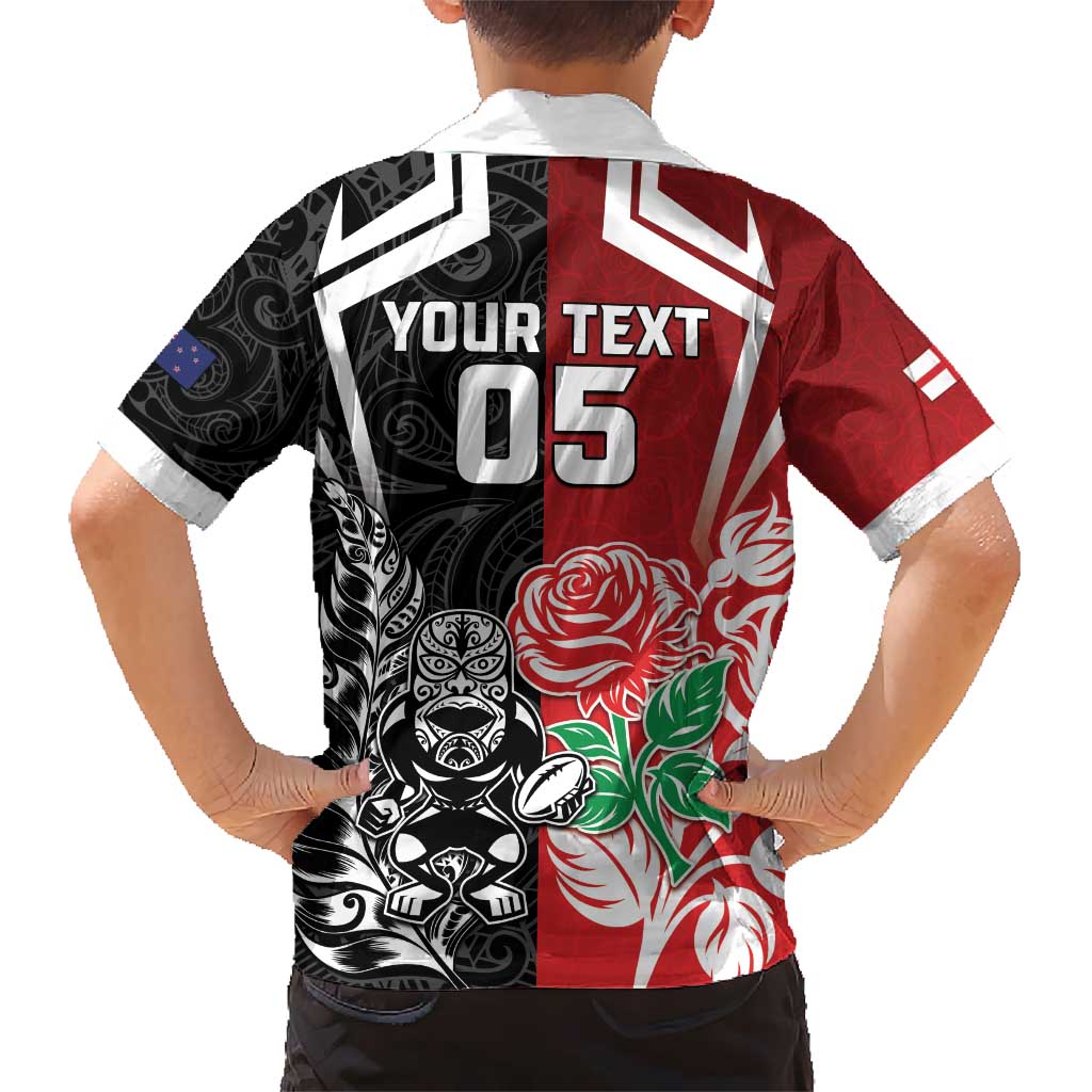 New Zealand And England Rugby Custom Kid Hawaiian Shirt Maori Tiki With Red Rose Together