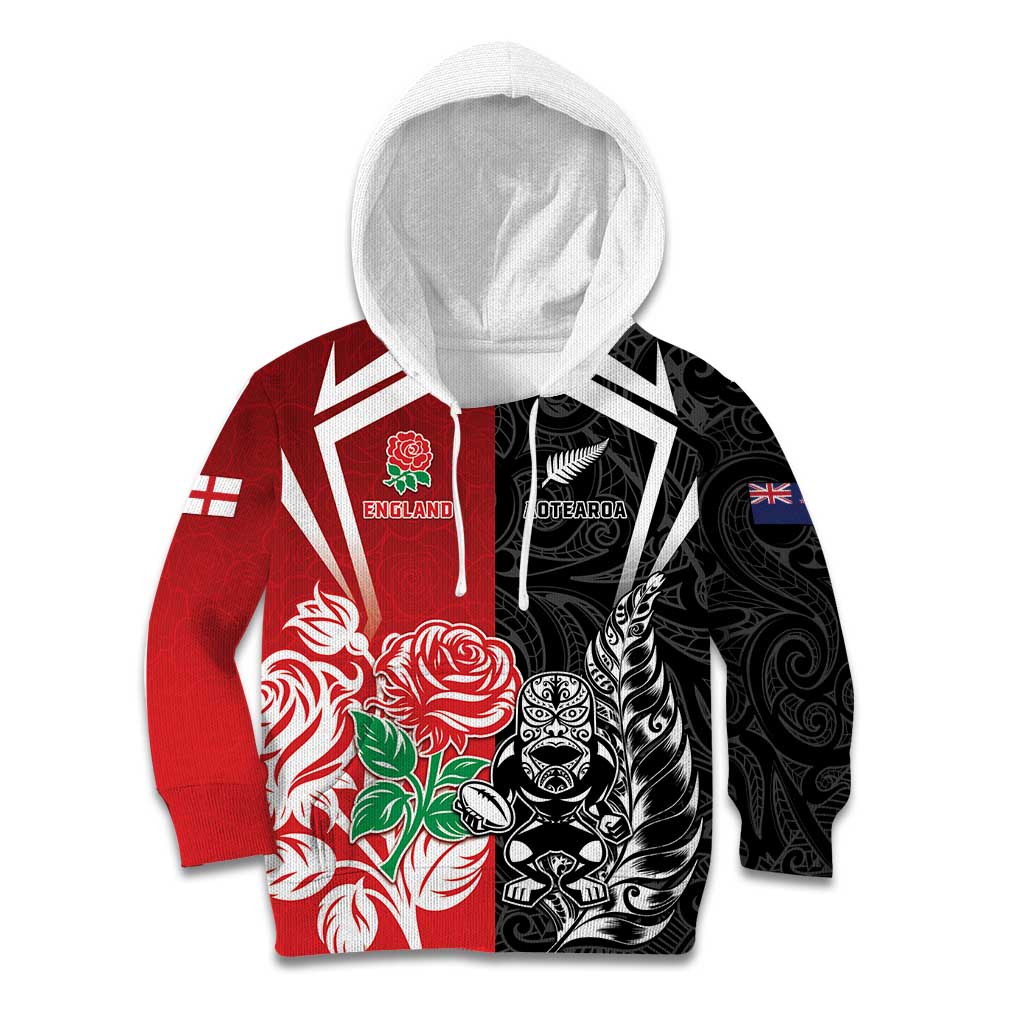 New Zealand And England Rugby Custom Kid Hoodie Maori Tiki With Red Rose Together