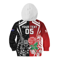 New Zealand And England Rugby Custom Kid Hoodie Maori Tiki With Red Rose Together