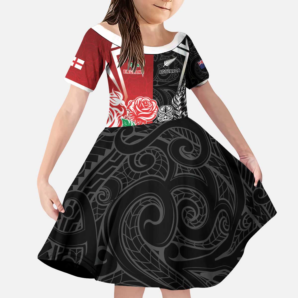 New Zealand And England Rugby Custom Kid Short Sleeve Dress Maori Tiki With Red Rose Together
