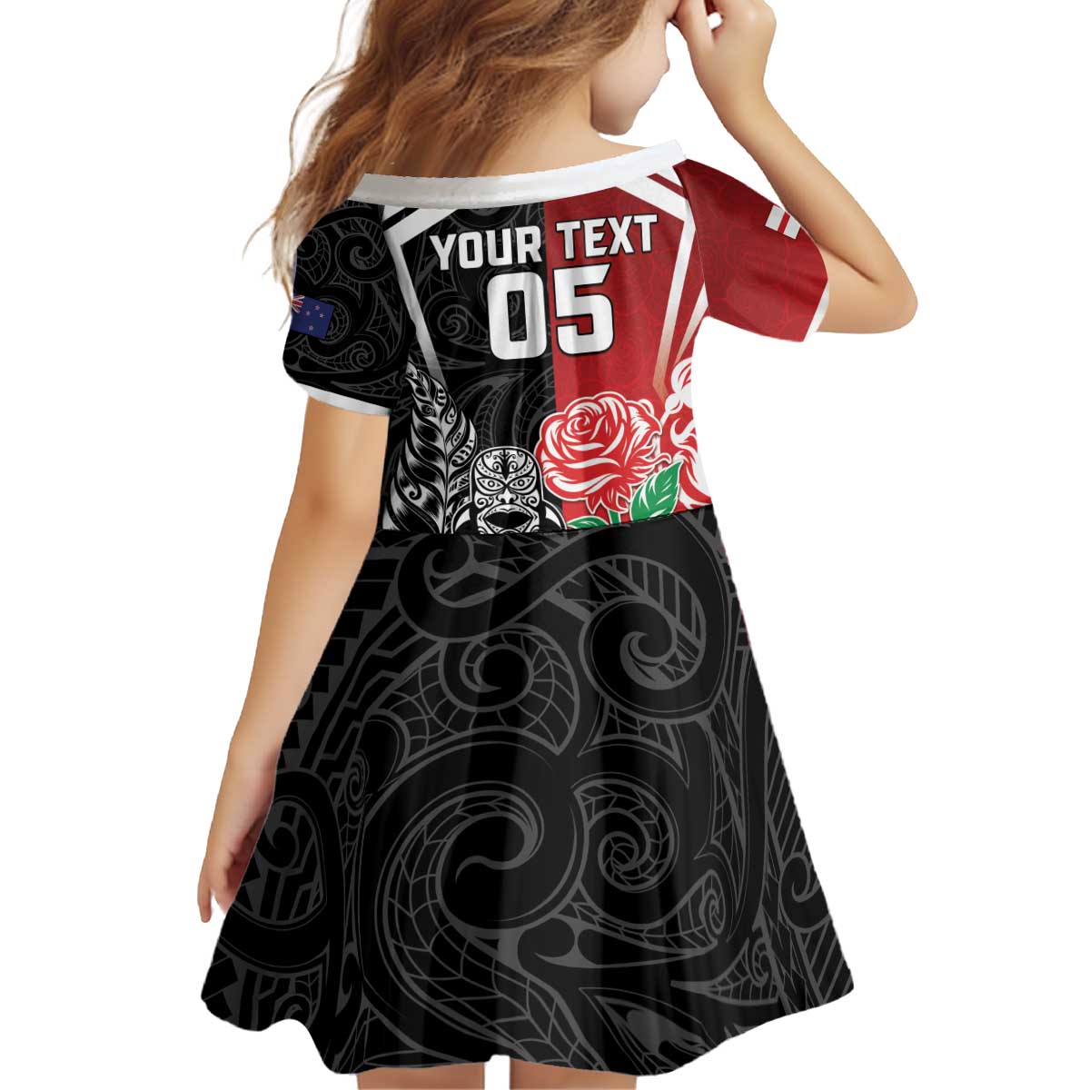 New Zealand And England Rugby Custom Kid Short Sleeve Dress Maori Tiki With Red Rose Together