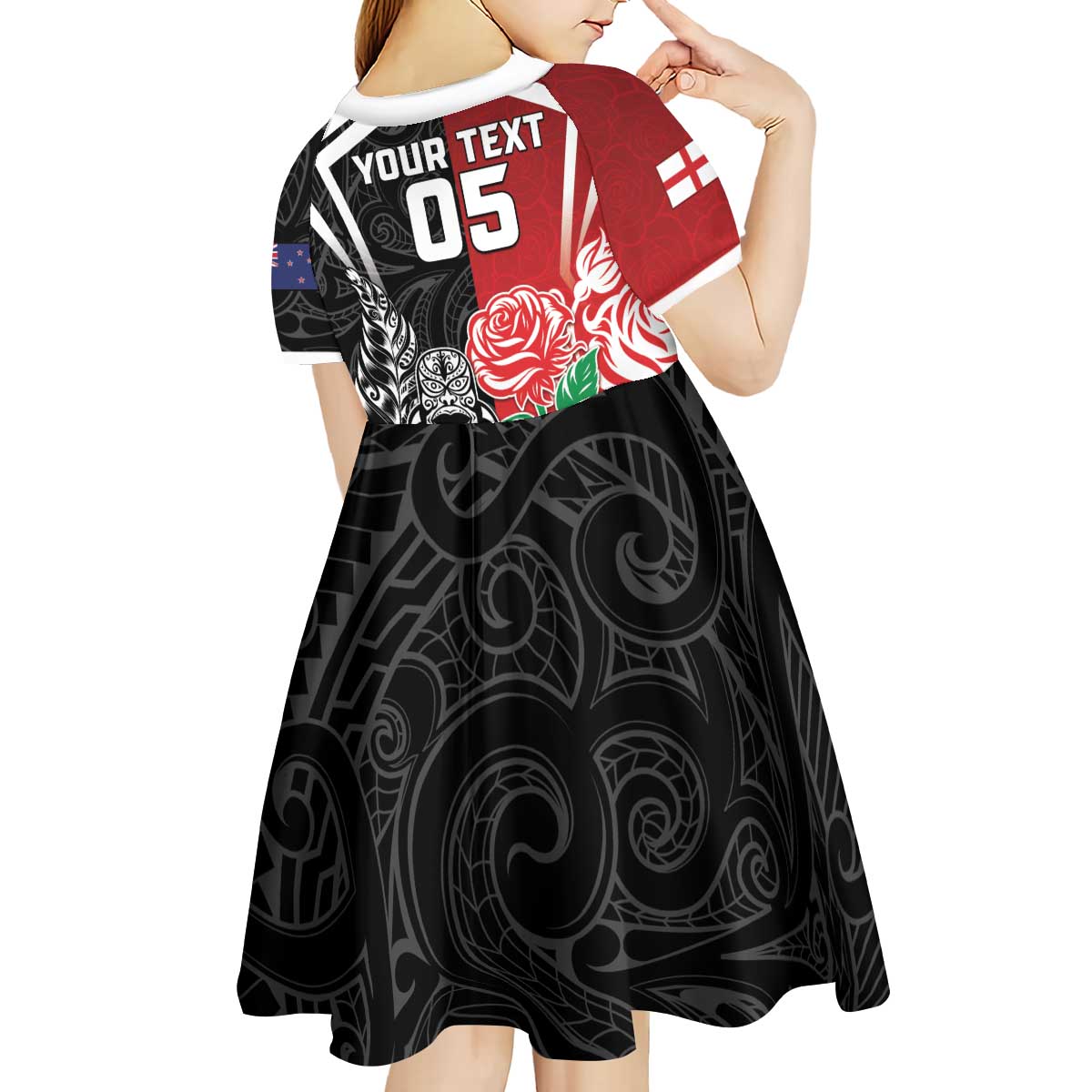 New Zealand And England Rugby Custom Kid Short Sleeve Dress Maori Tiki With Red Rose Together
