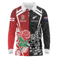 New Zealand And England Rugby Custom Long Sleeve Polo Shirt Maori Tiki With Red Rose Together