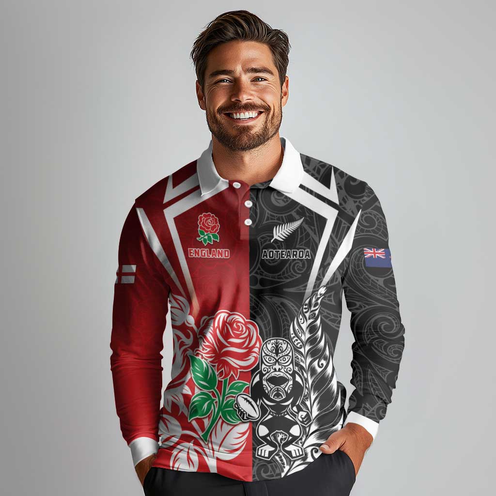 New Zealand And England Rugby Custom Long Sleeve Polo Shirt Maori Tiki With Red Rose Together