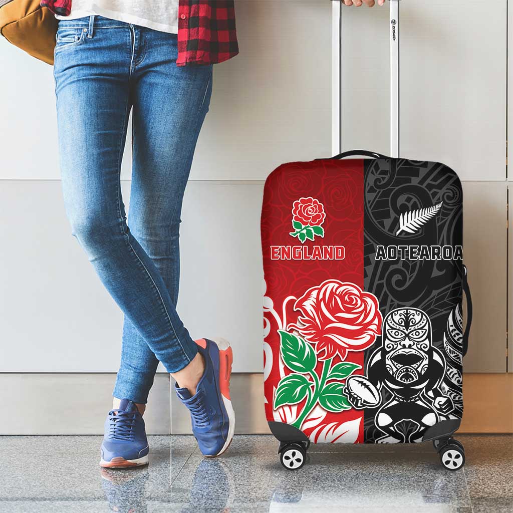 New Zealand And England Rugby Luggage Cover Maori Tiki With Red Rose Together