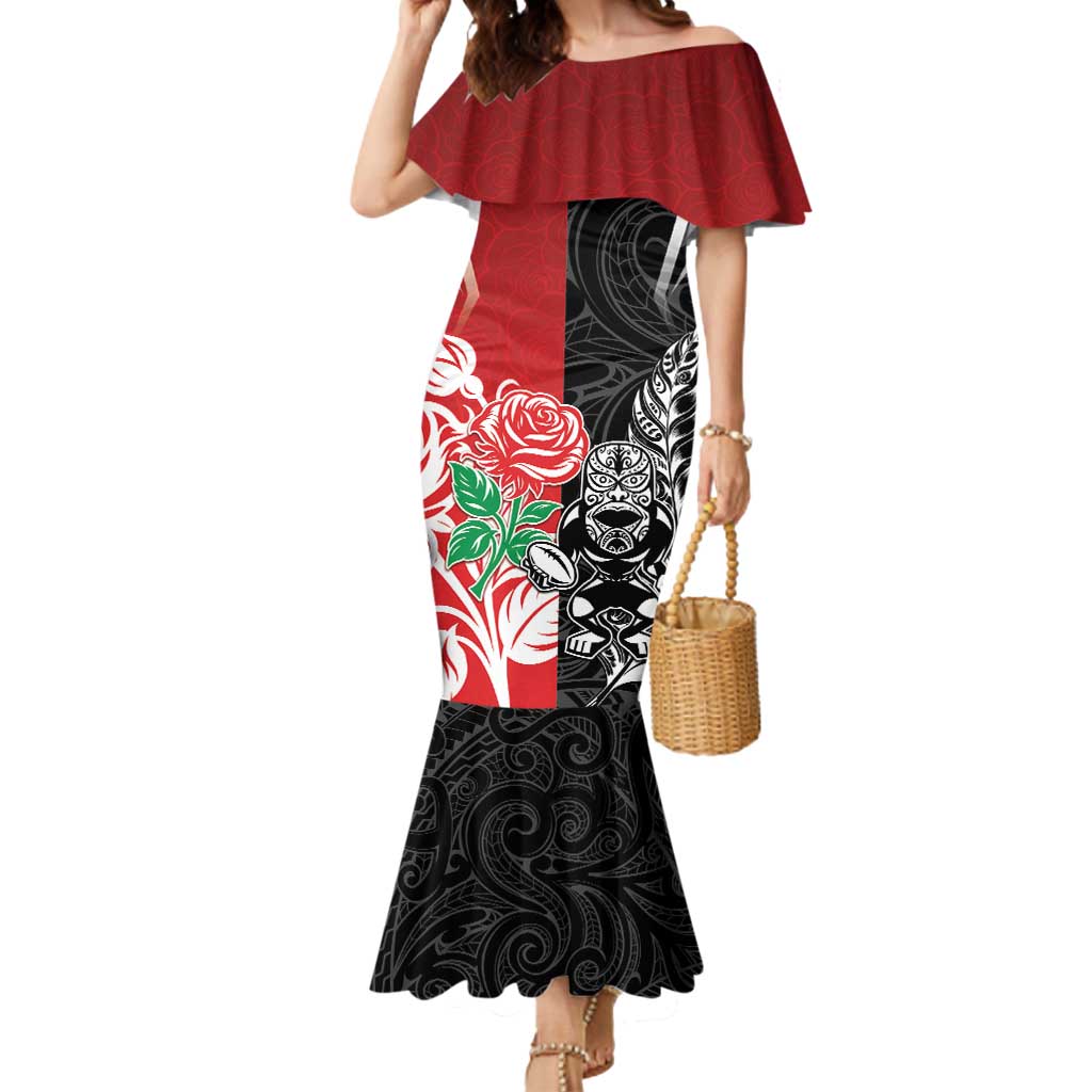 New Zealand And England Rugby Custom Mermaid Dress Maori Tiki With Red Rose Together