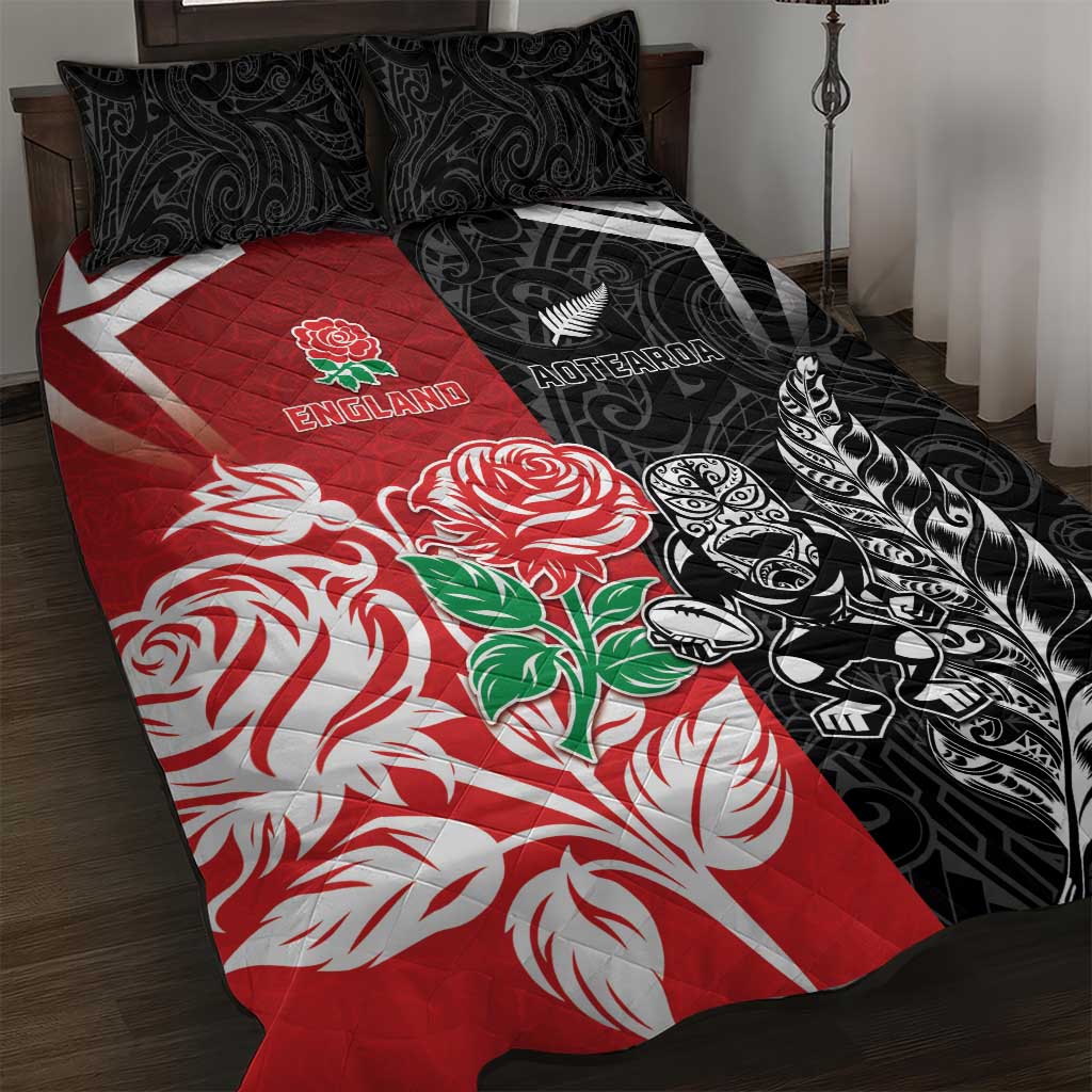 New Zealand And England Rugby Quilt Bed Set Maori Tiki With Red Rose Together