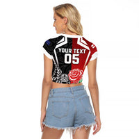 New Zealand And England Rugby Custom Raglan Cropped T Shirt Maori Tiki With Red Rose Together