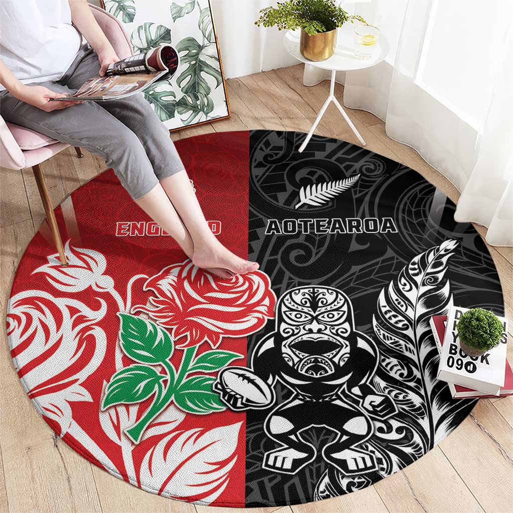 New Zealand And England Rugby Round Carpet Maori Tiki With Red Rose Together