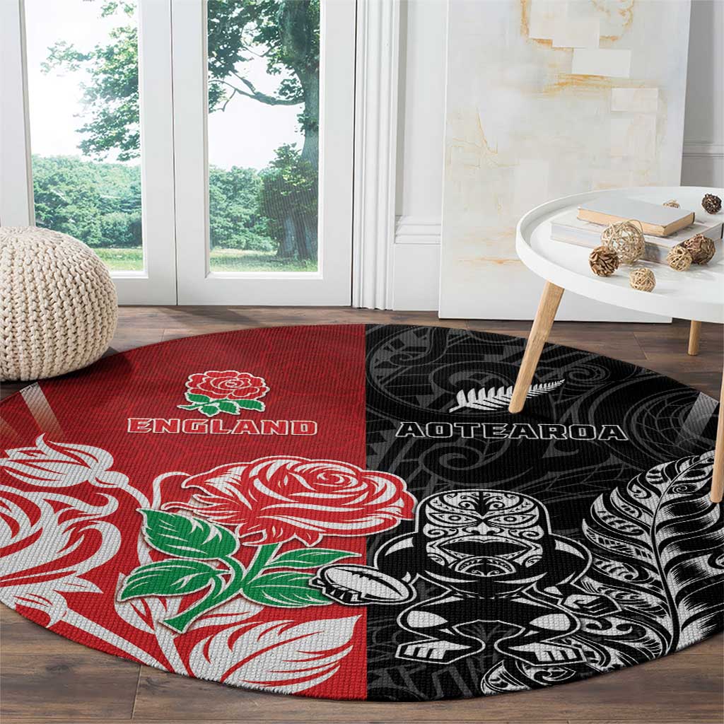 New Zealand And England Rugby Round Carpet Maori Tiki With Red Rose Together