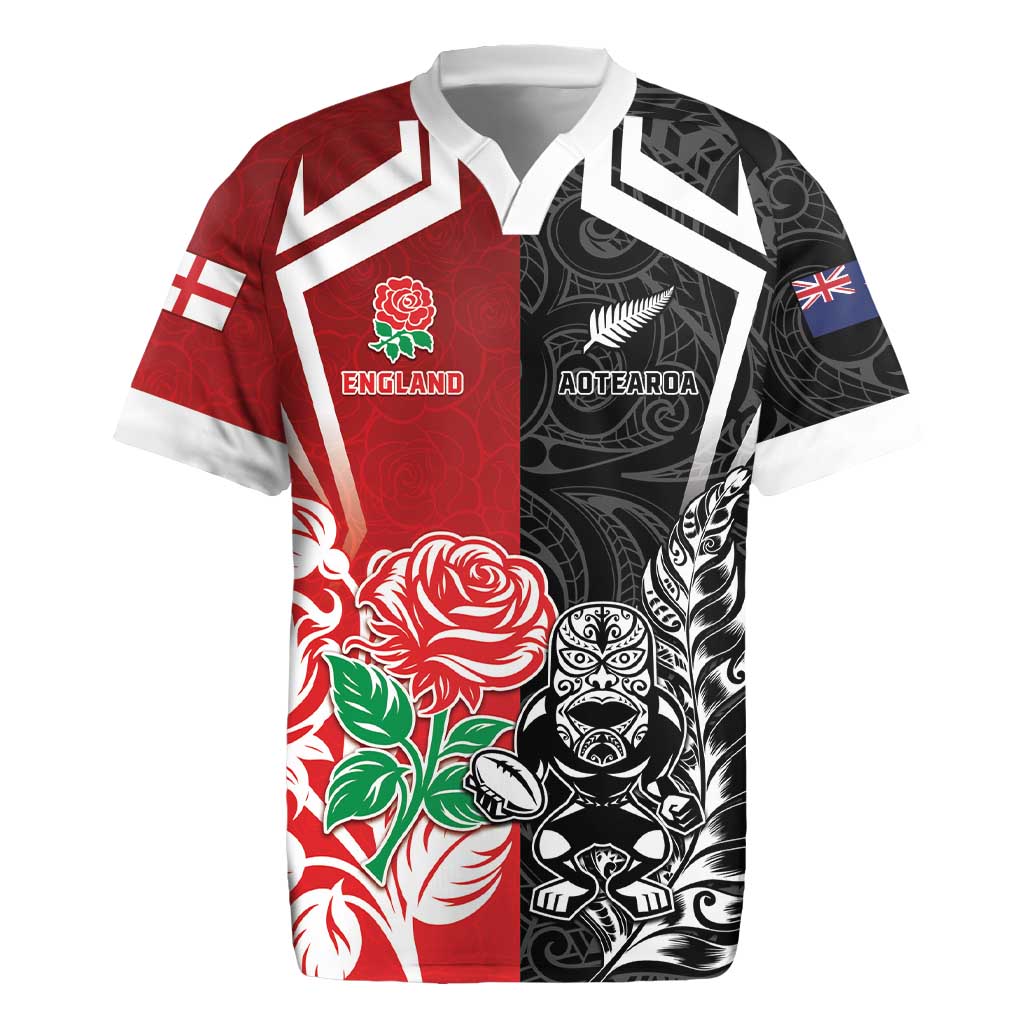 New Zealand And England Rugby Custom Rugby Jersey Maori Tiki With Red Rose Together