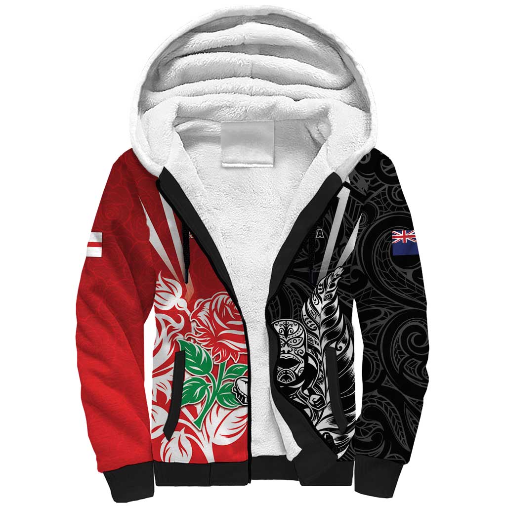 New Zealand And England Rugby Custom Sherpa Hoodie Maori Tiki With Red Rose Together