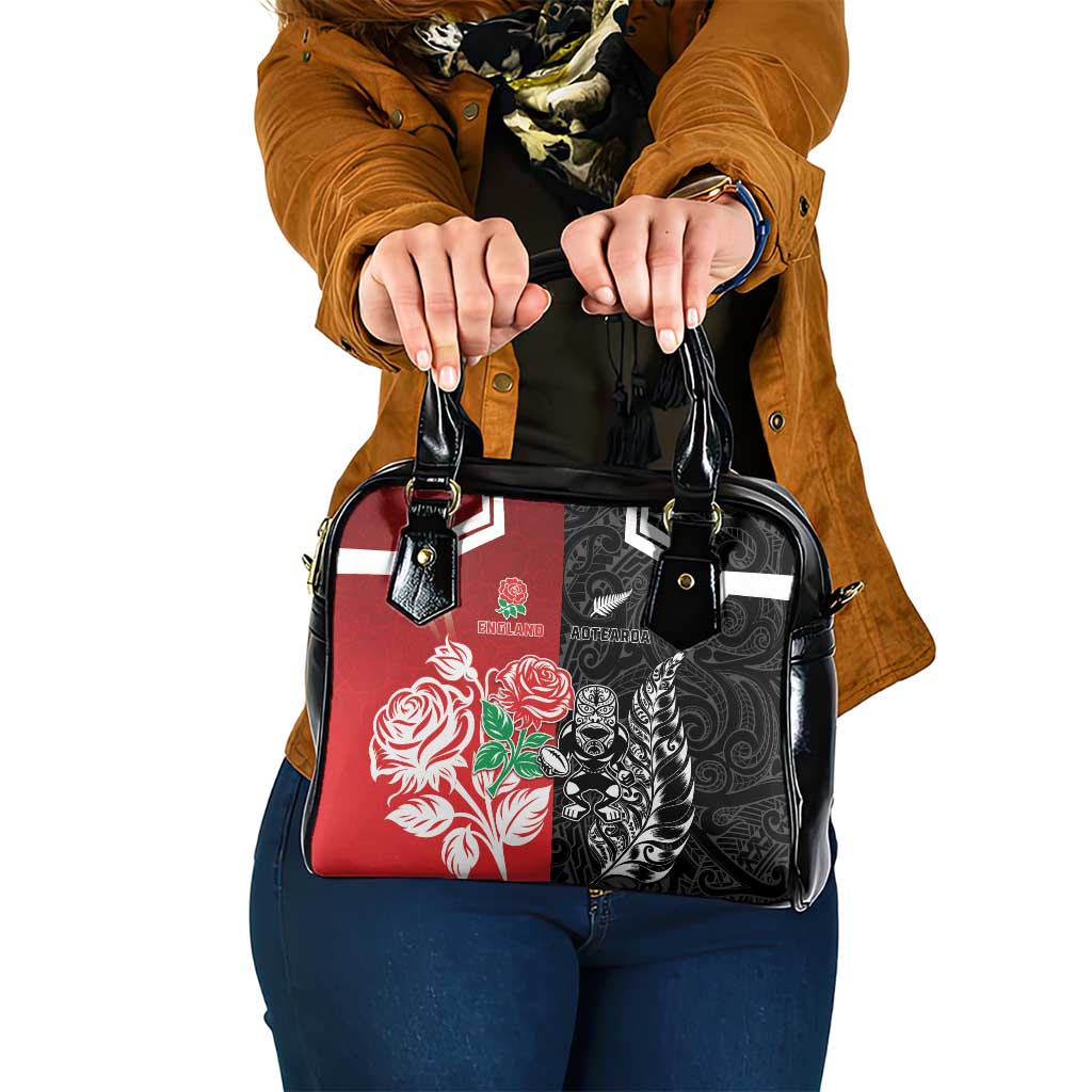 New Zealand And England Rugby Shoulder Handbag Maori Tiki With Red Rose Together