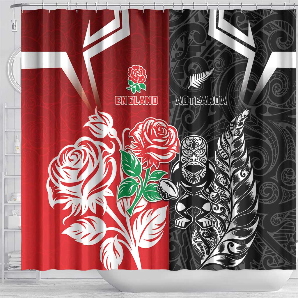 New Zealand And England Rugby Shower Curtain Maori Tiki With Red Rose Together