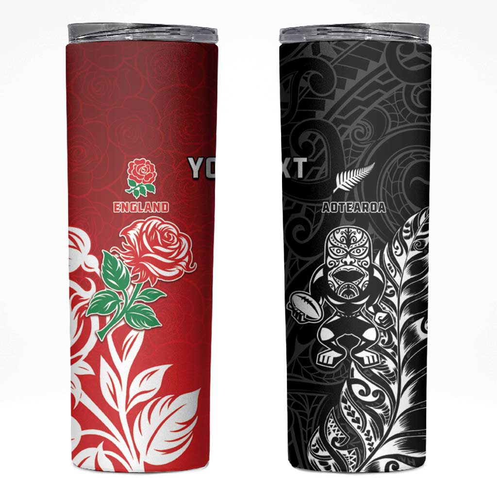 New Zealand And England Rugby Custom Skinny Tumbler Maori Tiki With Red Rose Together