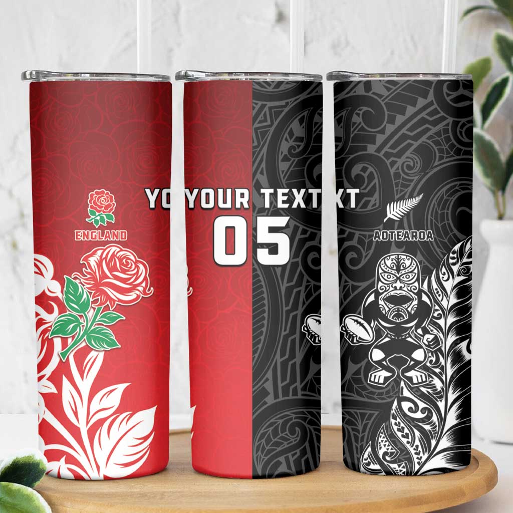New Zealand And England Rugby Custom Skinny Tumbler Maori Tiki With Red Rose Together
