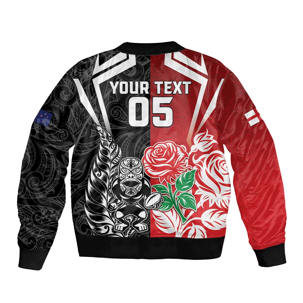 New Zealand And England Rugby Custom Sleeve Zip Bomber Jacket Maori Tiki With Red Rose Together