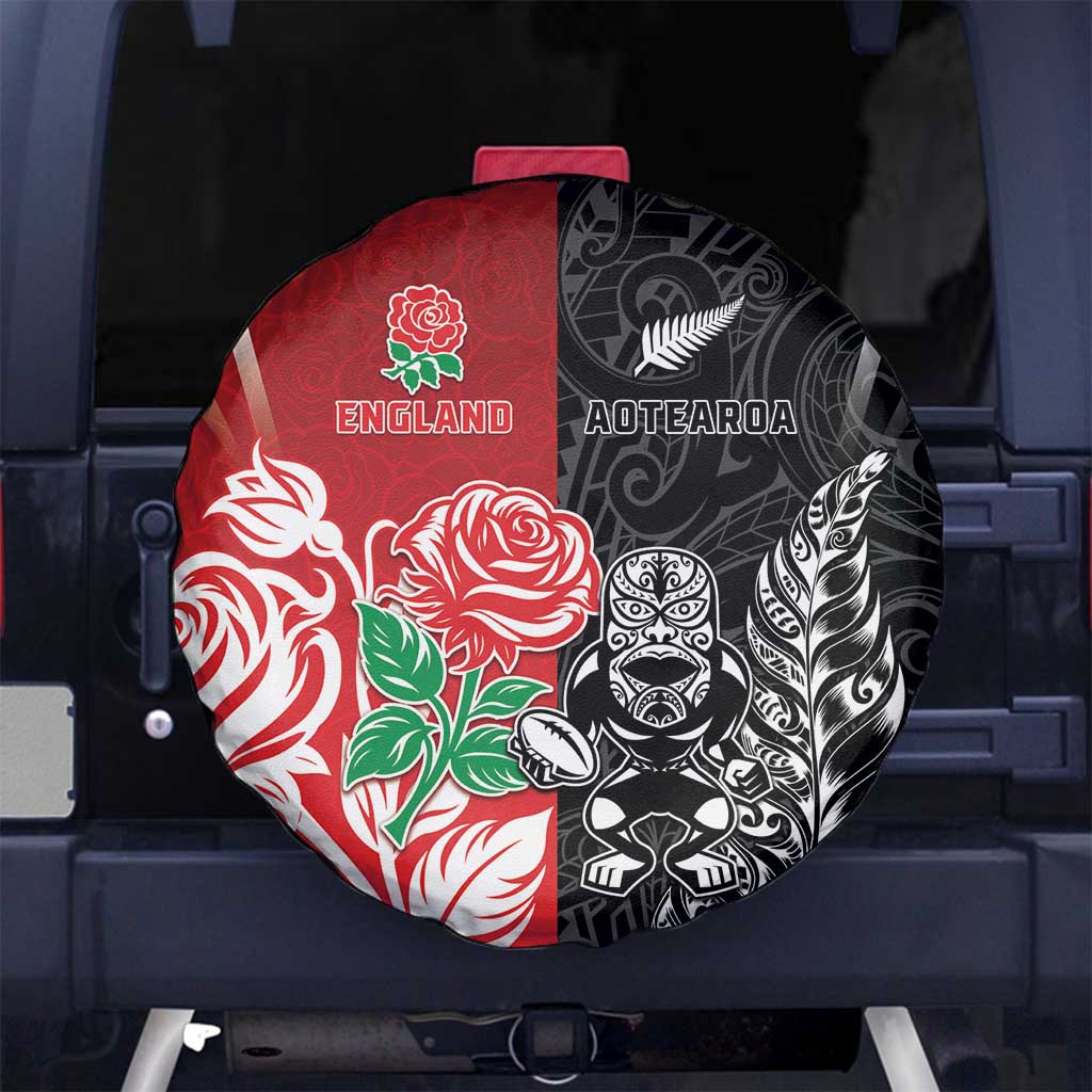New Zealand And England Rugby Spare Tire Cover Maori Tiki With Red Rose Together