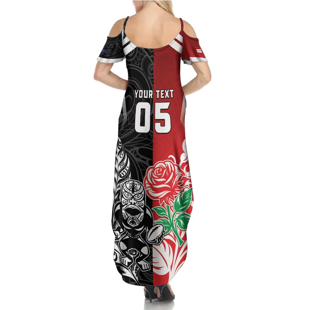 New Zealand And England Rugby Custom Summer Maxi Dress Maori Tiki With Red Rose Together