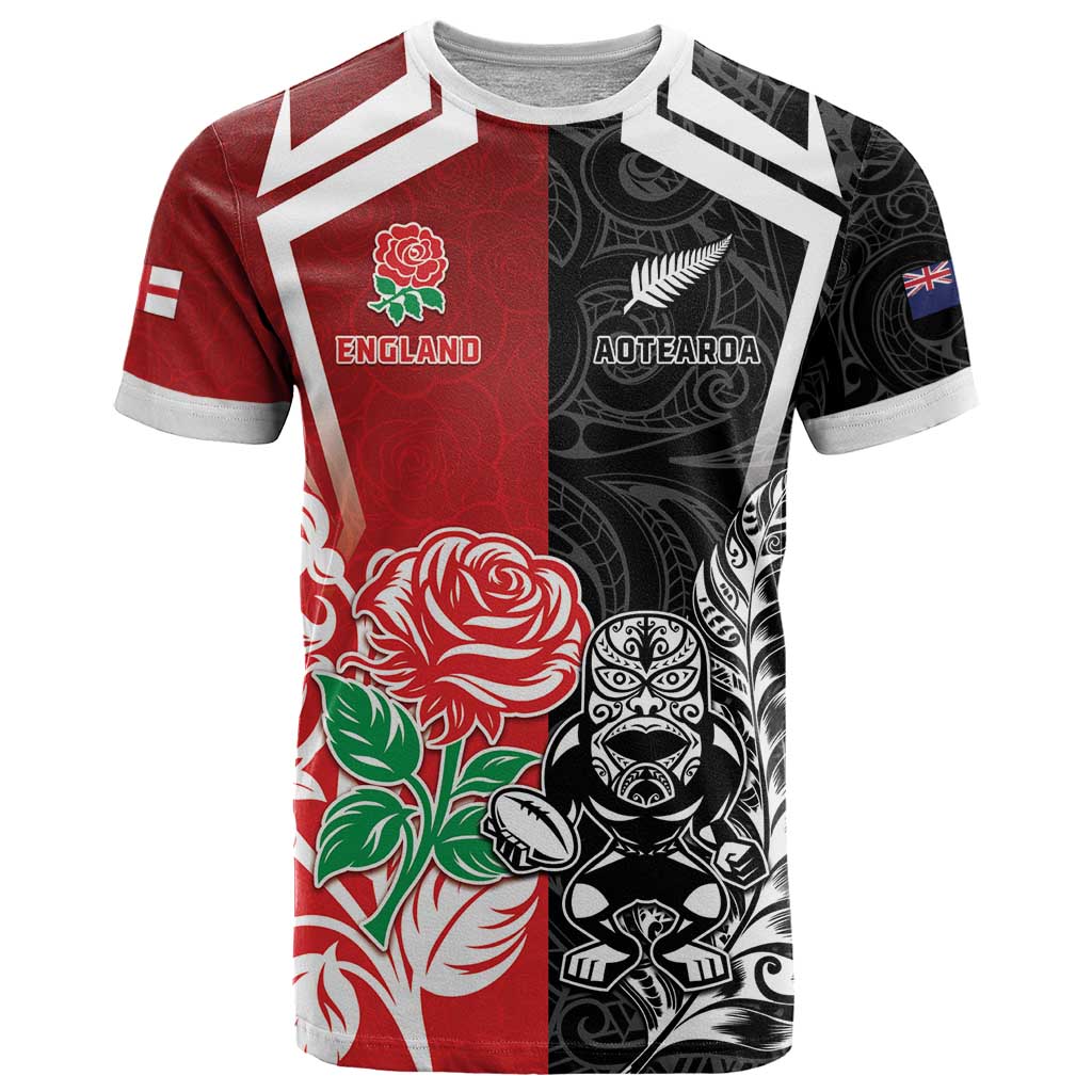New Zealand And England Rugby Custom T Shirt Maori Tiki With Red Rose Together