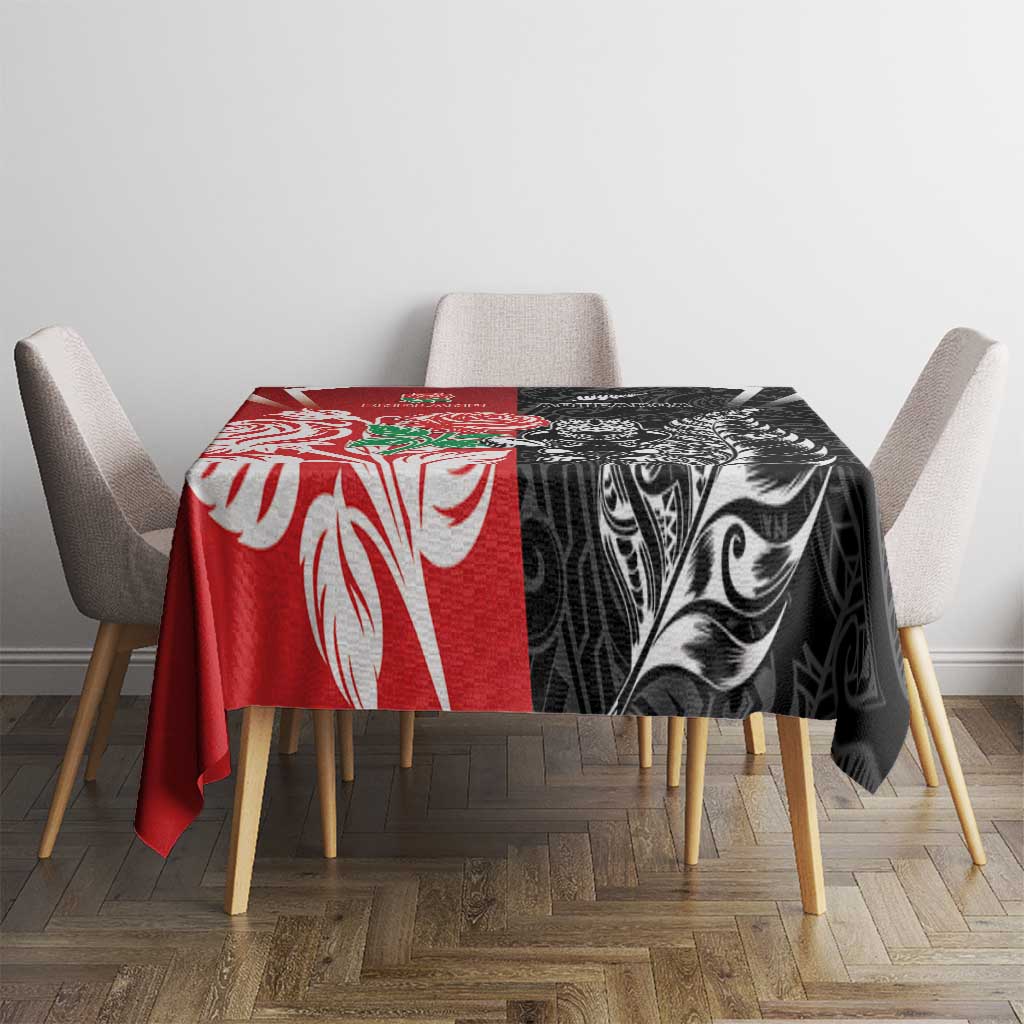 New Zealand And England Rugby Tablecloth Maori Tiki With Red Rose Together