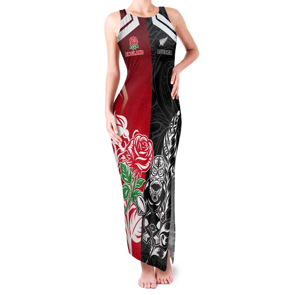 New Zealand And England Rugby Custom Tank Maxi Dress Maori Tiki With Red Rose Together