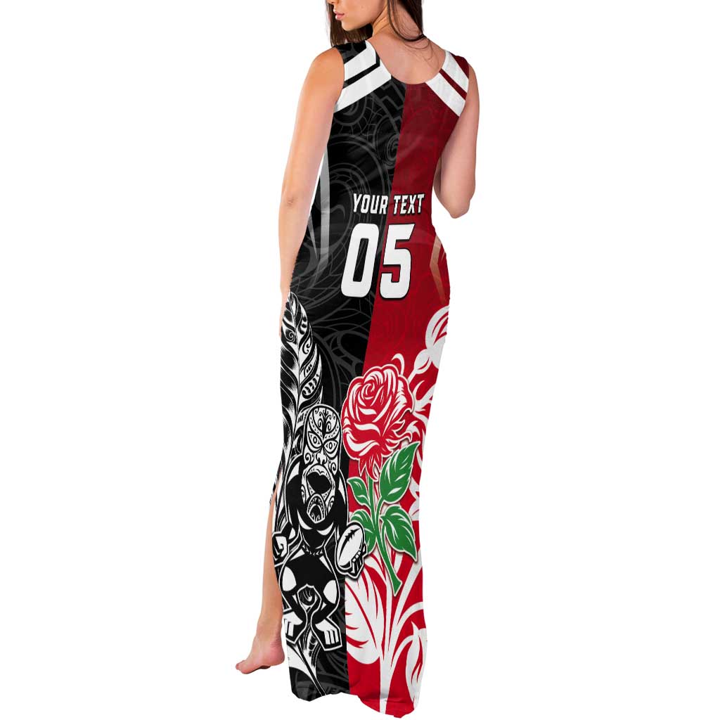 New Zealand And England Rugby Custom Tank Maxi Dress Maori Tiki With Red Rose Together