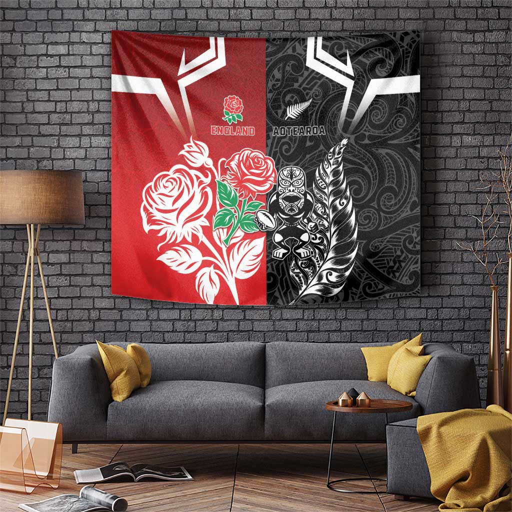 New Zealand And England Rugby Tapestry Maori Tiki With Red Rose Together