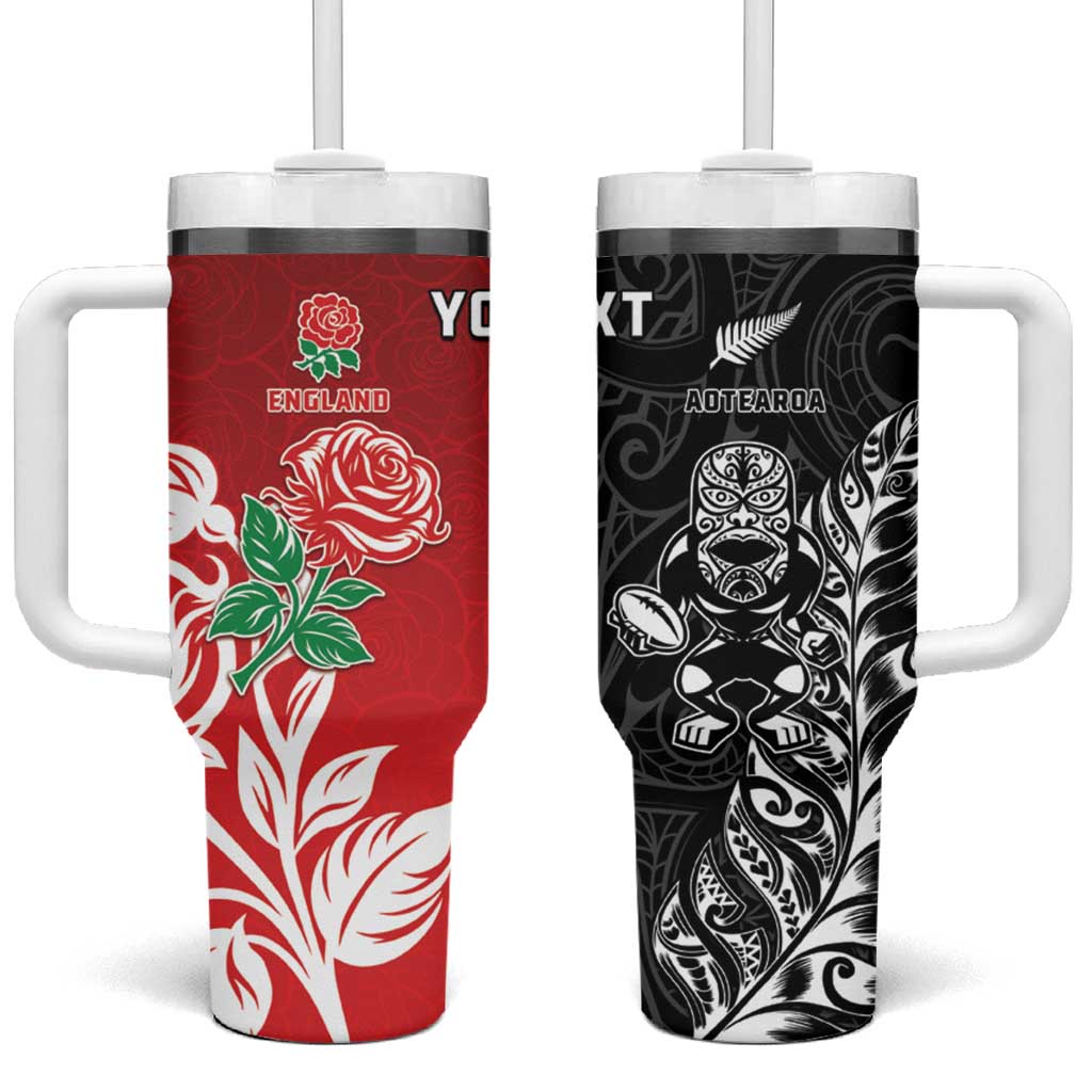 New Zealand And England Rugby Custom Tumbler With Handle Maori Tiki With Red Rose Together