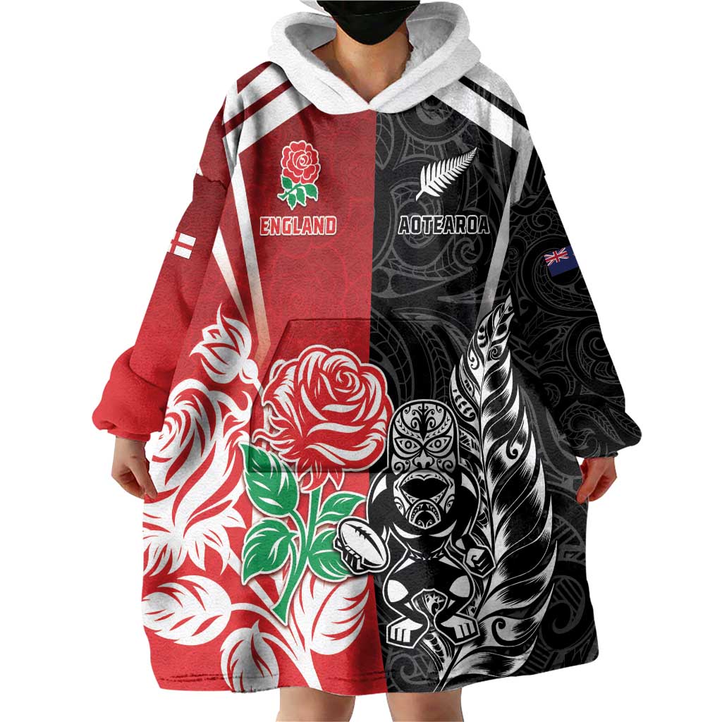 New Zealand And England Rugby Custom Wearable Blanket Hoodie Maori Tiki With Red Rose Together