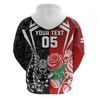 New Zealand And England Rugby Custom Zip Hoodie Maori Tiki With Red Rose Together