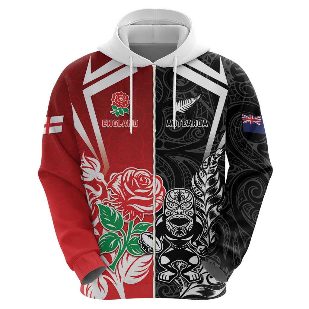 New Zealand And England Rugby Custom Zip Hoodie Maori Tiki With Red Rose Together