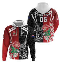 New Zealand And England Rugby Custom Zip Hoodie Maori Tiki With Red Rose Together