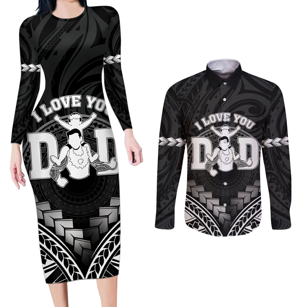 Personalised Happy Father's Day Couples Matching Long Sleeve Bodycon Dress and Long Sleeve Button Shirt I Love You Dad Polynesian Style
