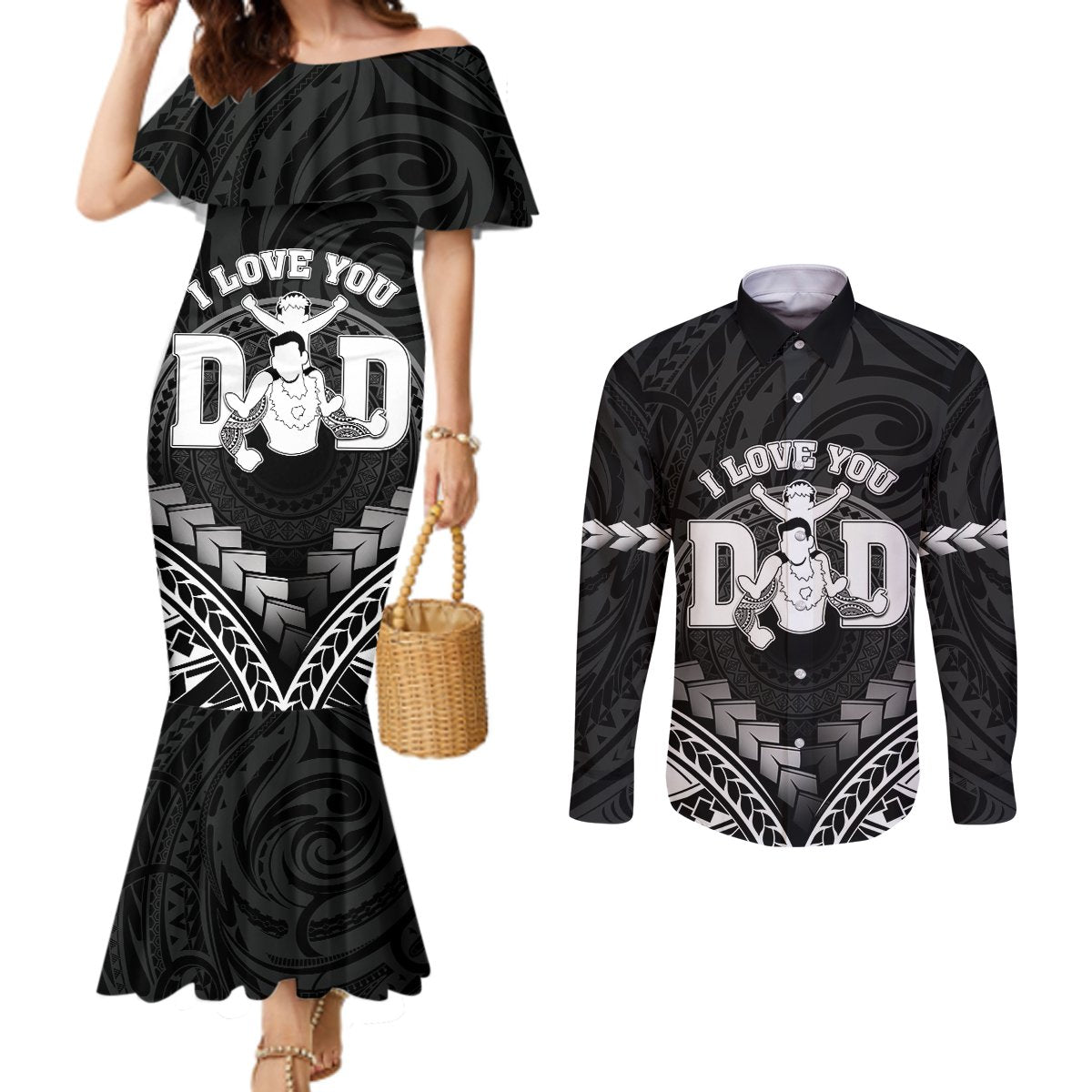 Personalised Happy Father's Day Couples Matching Mermaid Dress and Long Sleeve Button Shirt I Love You Dad Polynesian Style