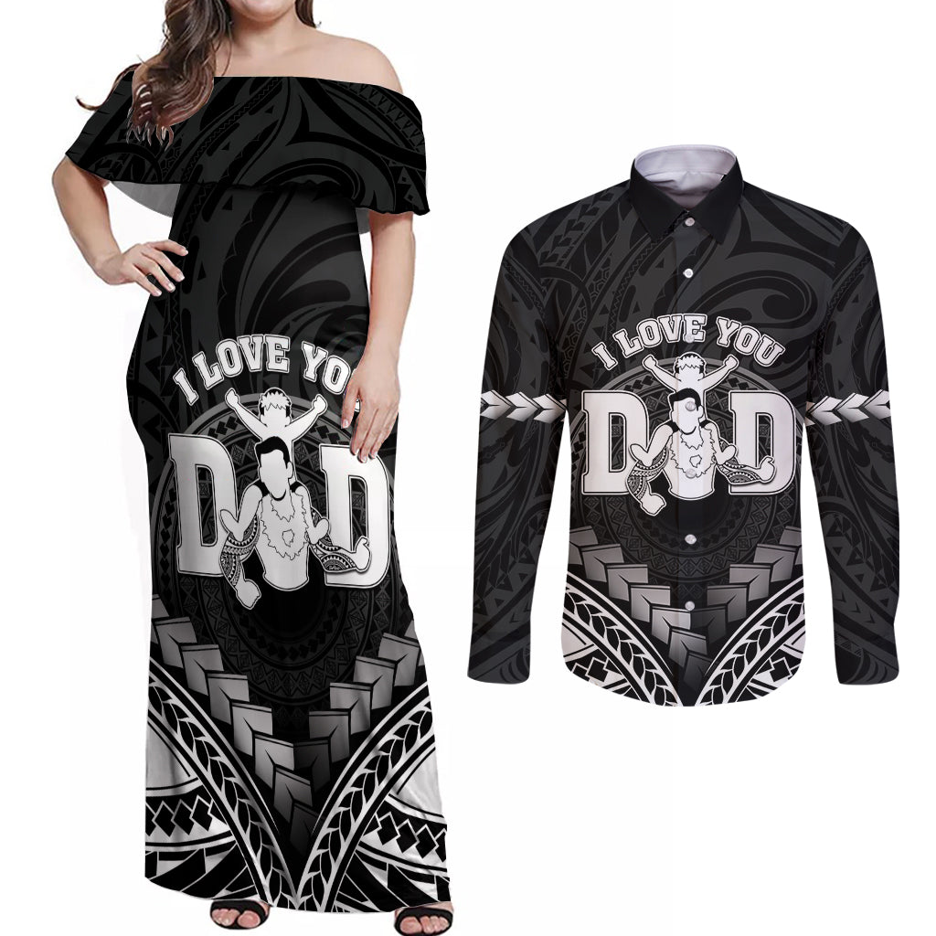 Personalised Happy Father's Day Couples Matching Off Shoulder Maxi Dress and Long Sleeve Button Shirt I Love You Dad Polynesian Style LT05 Black - Polynesian Pride