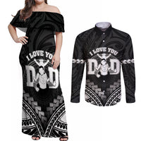 Personalised Happy Father's Day Couples Matching Off Shoulder Maxi Dress and Long Sleeve Button Shirt I Love You Dad Polynesian Style LT05 Black - Polynesian Pride