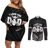 Personalised Happy Father's Day Couples Matching Off Shoulder Short Dress and Long Sleeve Button Shirt I Love You Dad Polynesian Style LT05 Black - Polynesian Pride