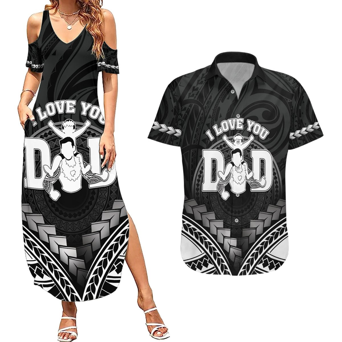 Personalised Happy Father's Day Couples Matching Summer Maxi Dress and Hawaiian Shirt I Love You Dad Polynesian Style