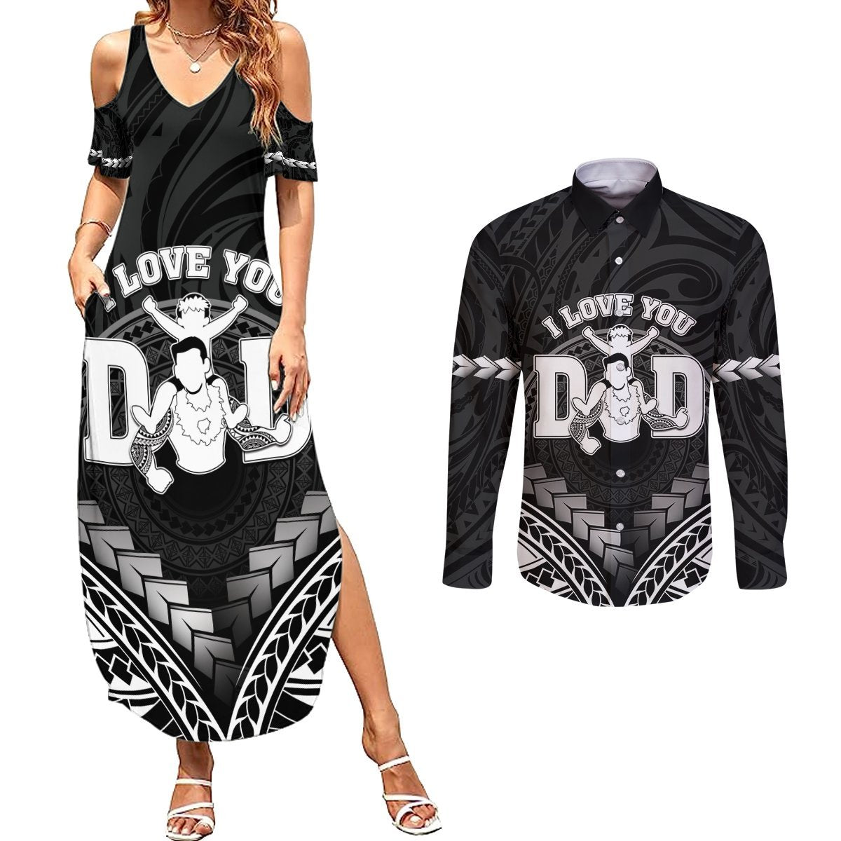 Personalised Happy Father's Day Couples Matching Summer Maxi Dress and Long Sleeve Button Shirt I Love You Dad Polynesian Style LT05 Black - Polynesian Pride