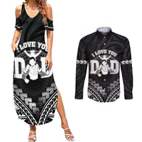 Personalised Happy Father's Day Couples Matching Summer Maxi Dress and Long Sleeve Button Shirt I Love You Dad Polynesian Style LT05 Black - Polynesian Pride