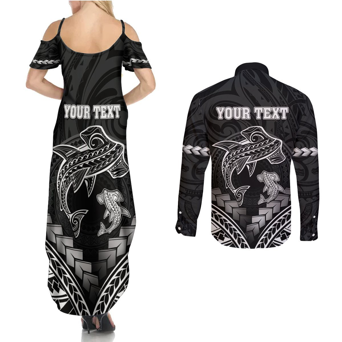 Personalised Happy Father's Day Couples Matching Summer Maxi Dress and Long Sleeve Button Shirt I Love You Dad Polynesian Style LT05 - Polynesian Pride