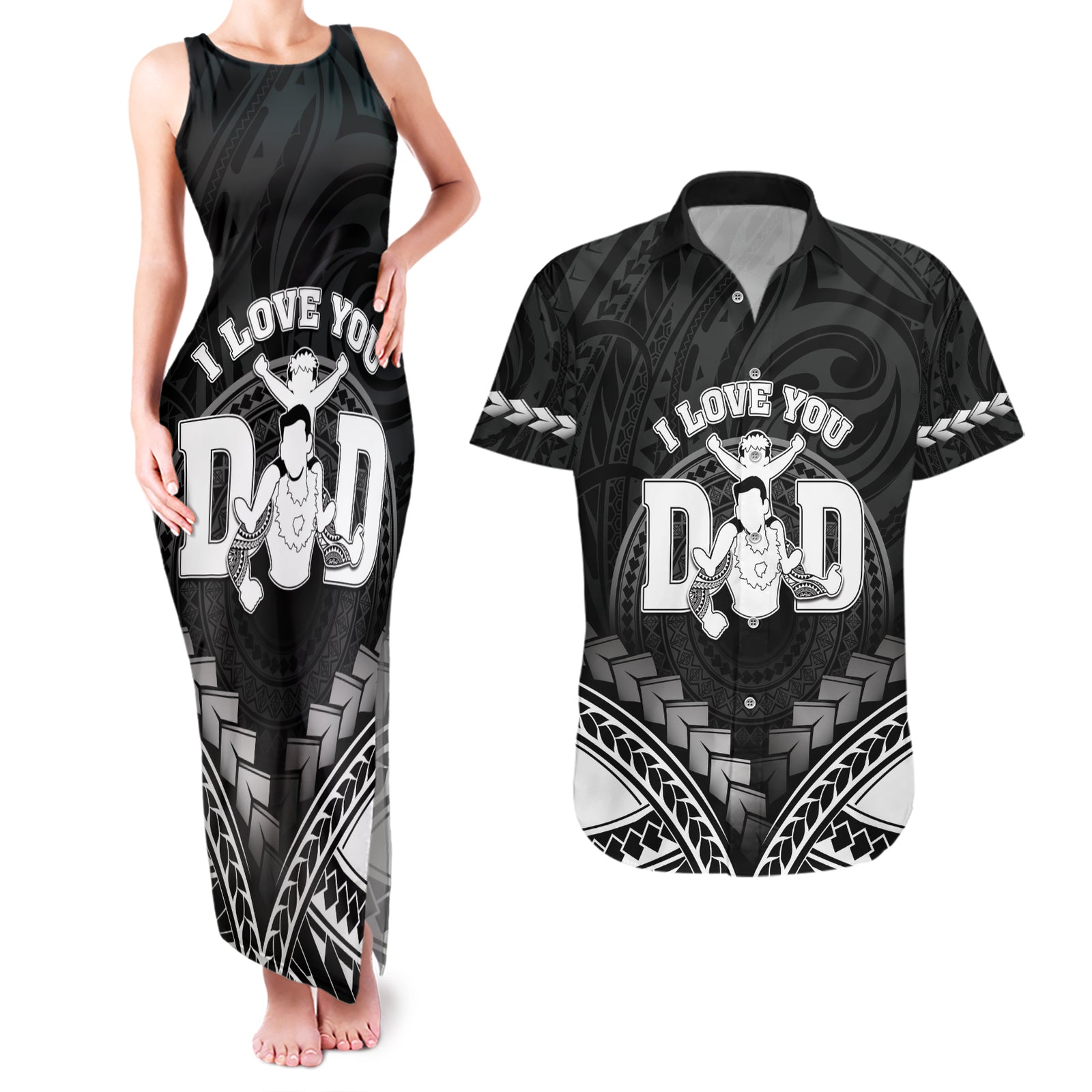 Personalised Happy Father's Day Couples Matching Tank Maxi Dress and Hawaiian Shirt I Love You Dad Polynesian Style